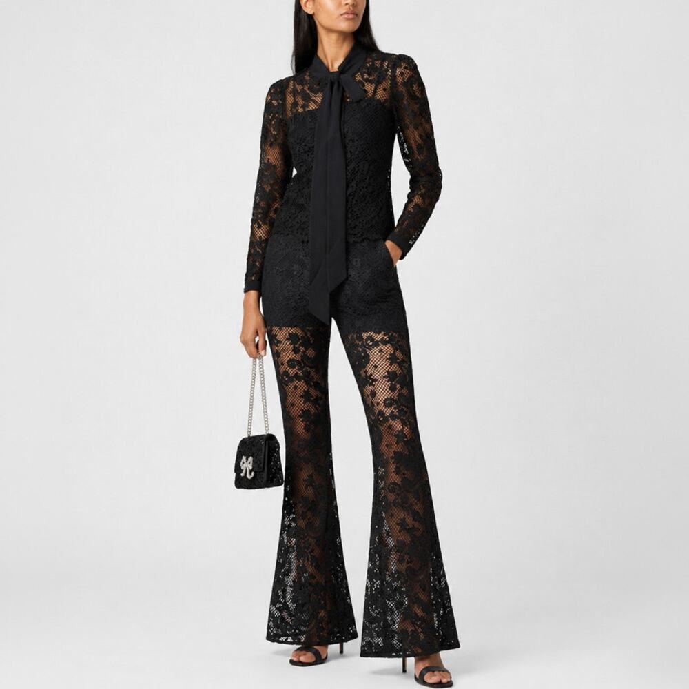 Self-Portrait Black Sheer Lace Blouse & Flared Pants Matching Set Size 4